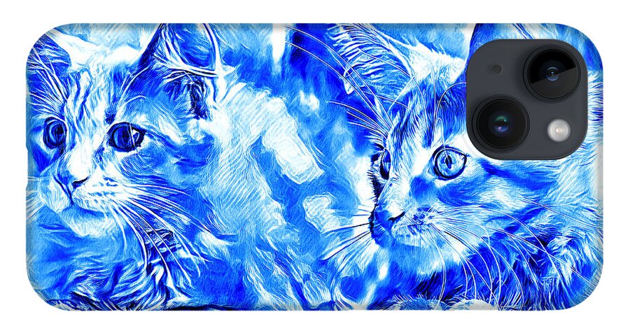 Maine Coon iPhone 14 Case featuring the digital art Curious Maine Coon kittens - digital painting in blue and white by Nicko Prints