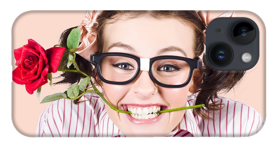 Funny iPhone Case featuring the photograph Cute Smiling Woman Wearing Nerd Glasses With Rose by Jorgo Photography