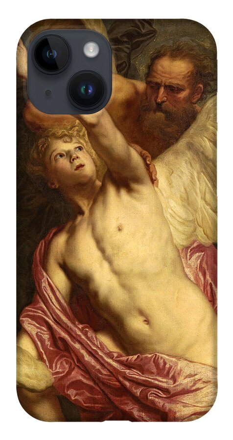Pieter Thijs iPhone Case featuring the painting Daedalus fixing wings onto the shoulders of Icarus by Pieter Thijs