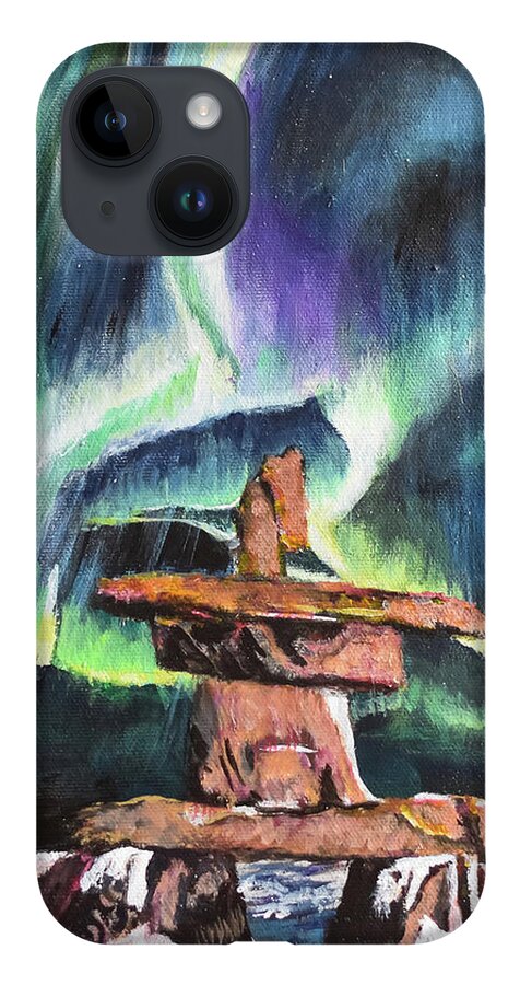 Inukshuk iPhone 14 Case featuring the painting Dancing Lights - Churchill by Marilyn McNish