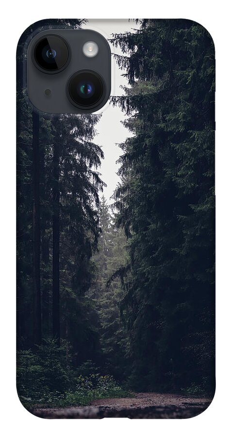Forest iPhone 14 Case featuring the photograph Dark atmosphere in forest. Forgotten road in rainy day by Vaclav Sonnek