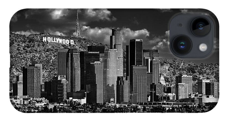 Los Angeles iPhone 14 Case featuring the digital art Downtown Los Angeles skyline with the Hollywood sign in the background - black and white by Nicko Prints