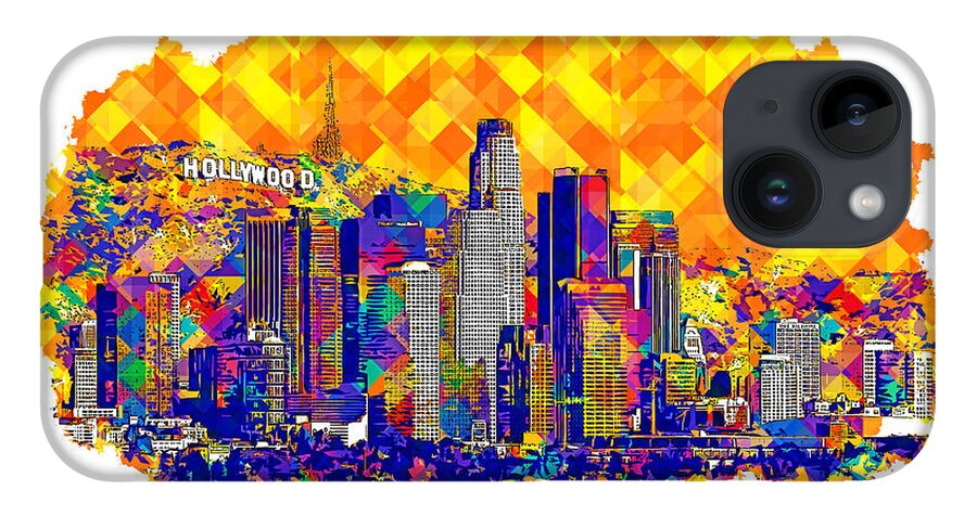 Los Angeles iPhone Case featuring the digital art Downtown Los Angeles skyline with the Hollywood sign in the background - colorful digital painting by Nicko Prints