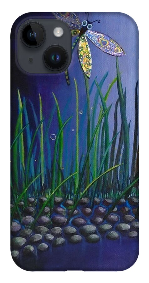 Dragonfly iPhone 14 Case featuring the painting Dragonfly at the Bay II by Mindy Huntress