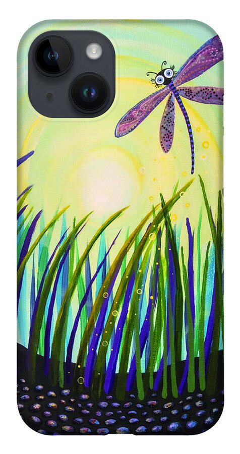 Dragon Fly iPhone 14 Case featuring the painting Dragonfly at the Bay III by Mindy Huntress