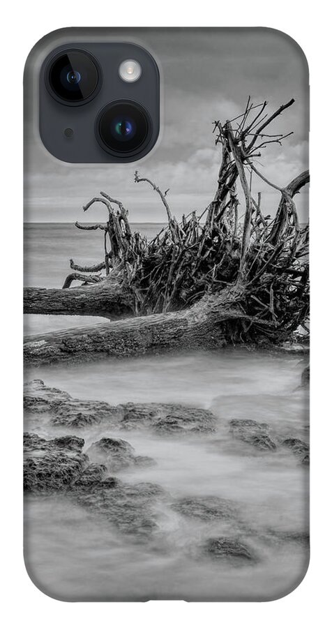 Black iPhone 14 Case featuring the photograph Driftwood Beach in Black and White by Carolyn Hutchins