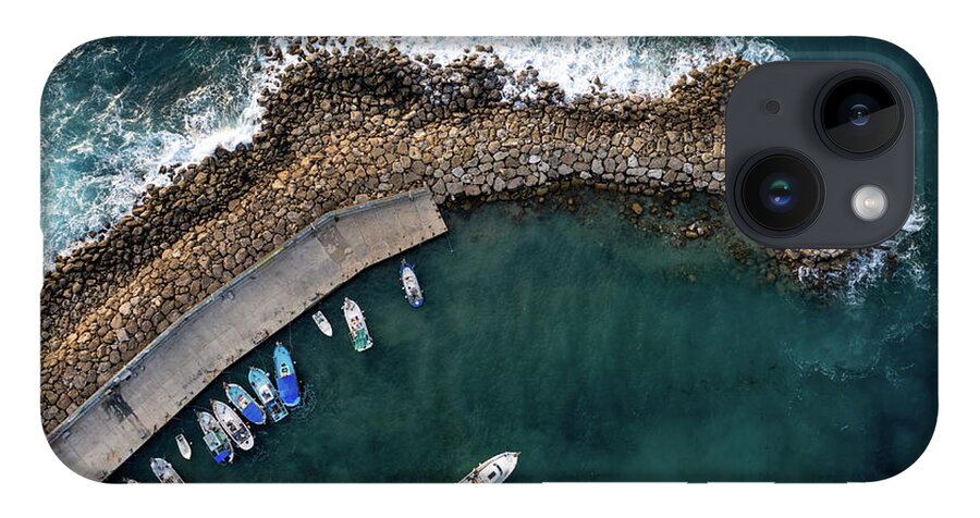 Fishing Harbor iPhone 14 Case featuring the photograph Drone aerial fishing harbour with boats stormy waves, blue sea by Michalakis Ppalis