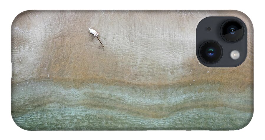 Animal Running iPhone 14 Case featuring the photograph Drone aerial of white Dog running and playing at empty sandy beach by Michalakis Ppalis
