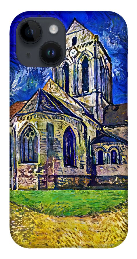 Notre-dame-de-l'assomption iPhone 14 Case featuring the digital art Eglise Notre-Dame-de-l'Assomption d'Auvers-sur-Oise - digital painting in the style of van Gogh by Nicko Prints