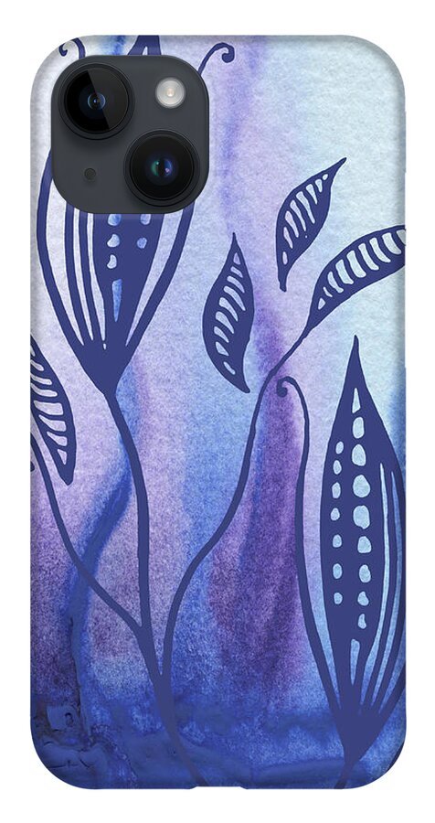 Floral Pattern iPhone 14 Case featuring the painting Elegant Pattern With Leaves In Blue And Purple Watercolor II by Irina Sztukowski