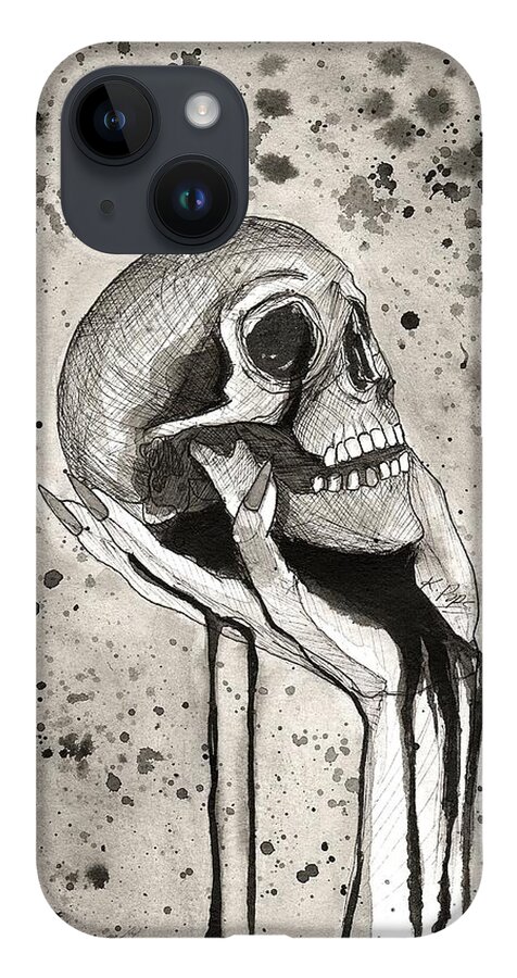 #skull #hand #skullhand #bleeding #black #dark #sketch #kpope iPhone Case featuring the painting Embrace of Eternity Skull in Hand by Kenneth Pope