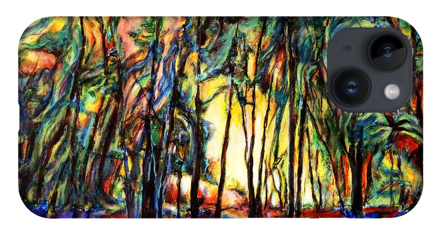 Acrylic Painting Enchanted Forest Sunset Scene Abstract Landscape iPhone 14 Case featuring the painting Enchanted Forest by John Bohn