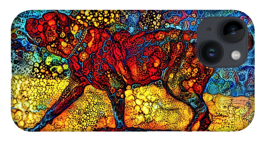 English Mastiff iPhone 14 Case featuring the digital art English Mastiff waiting for a treat - colorful abstract painting in blue, yellow and red by Nicko Prints