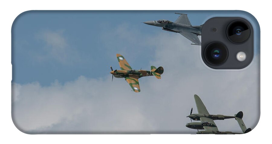 Aviation iPhone 14 Case featuring the photograph F16 P40 and P38 Formation Flight by Carolyn Hutchins