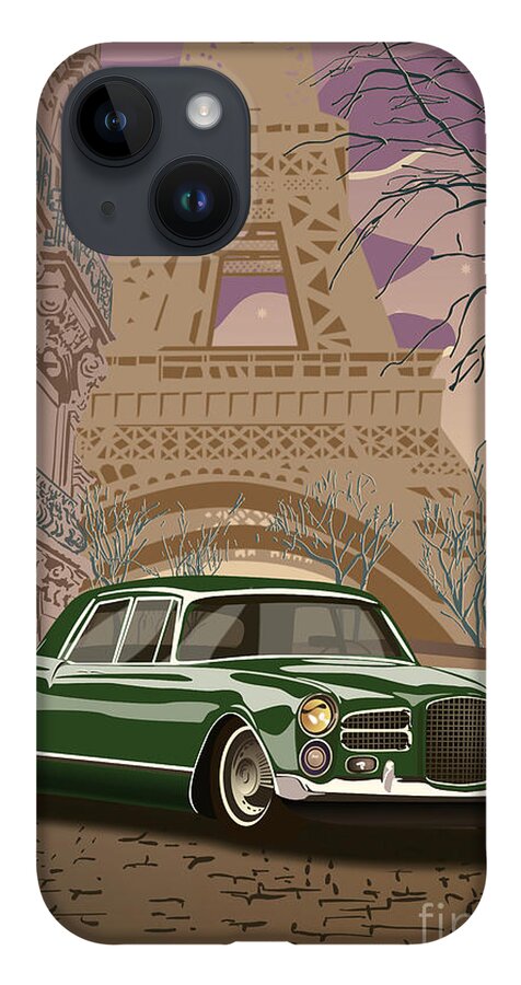 Art Deco iPhone 14 Case featuring the digital art Facel Vega - Paris est a nous. Classic Car Art Deco Style Poster Print Green Edition by Moospeed Art