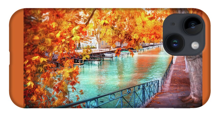 Annecy iPhone 14 Case featuring the photograph Fall Colors of Canal du Vasse Annecy France by Carol Japp