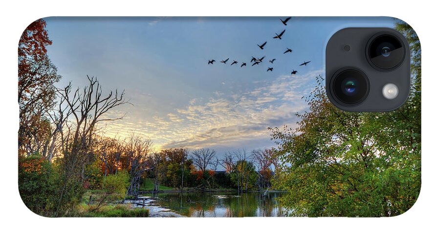 Geese Pond Autumn Fall Trees Color Horizontal Landscape Scenic Blue Green Goose Hunting Sunset iPhone Case featuring the photograph Fall Flight by Peter Herman
