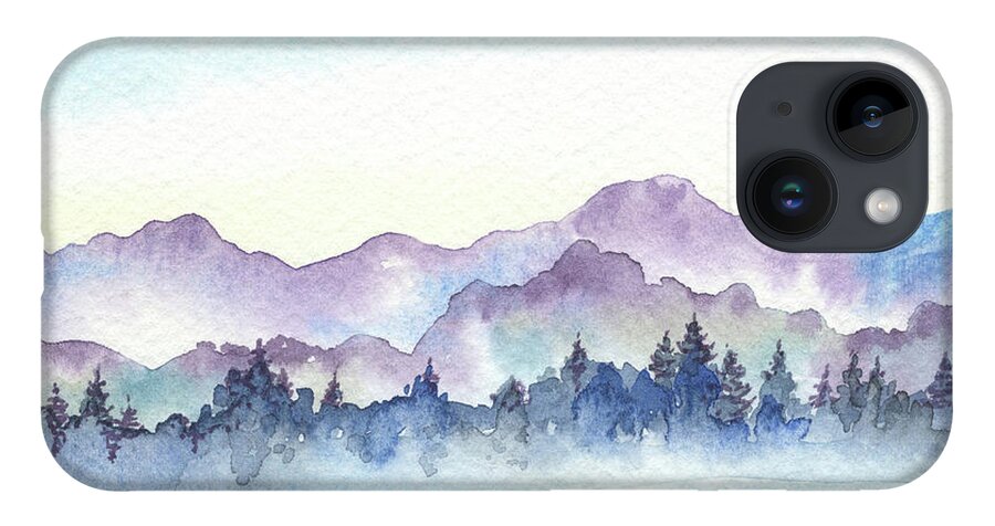 Pine Forest iPhone 14 Case featuring the painting Far Pine Trees Forest Foggy River Hills Watercolor by Irina Sztukowski
