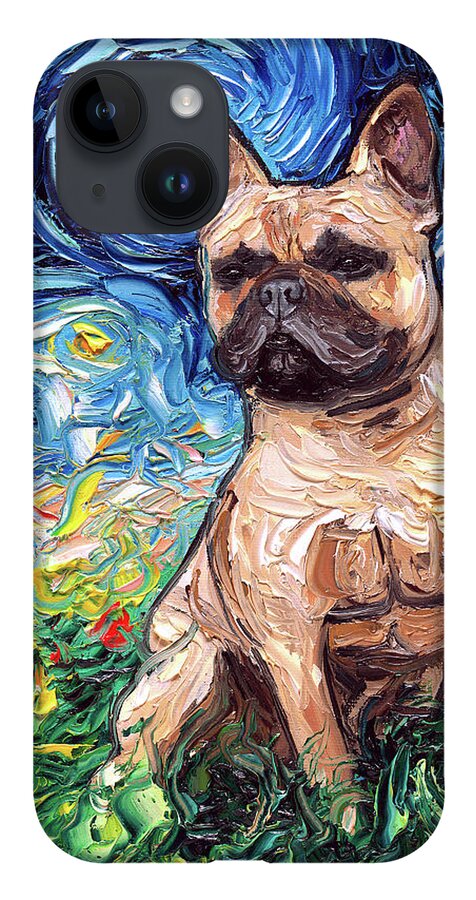 Bulldog iPhone 14 Case featuring the painting French Bulldog Night by Aja Trier