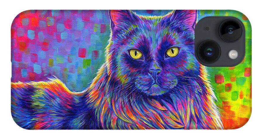 Cat iPhone 14 Case featuring the painting Psychedelic Rainbow Black Cat - Felix by Rebecca Wang