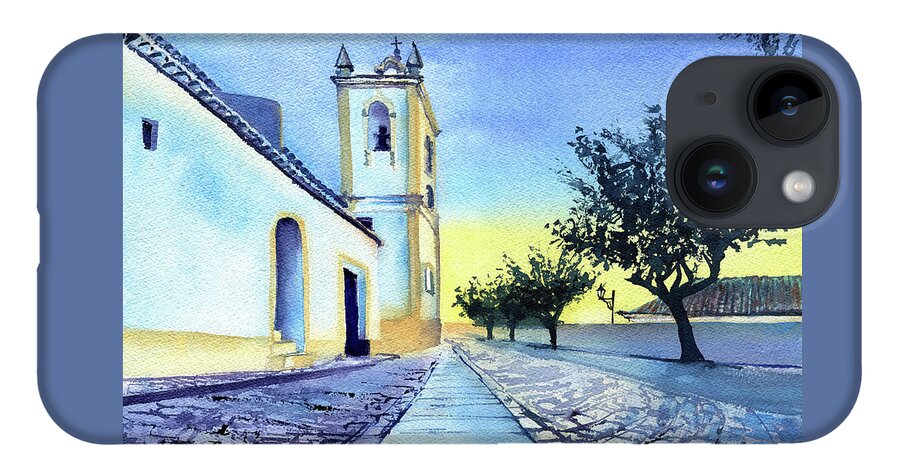 Portugal iPhone 14 Case featuring the painting Ferragudo Church Algarve Portugal by Dora Hathazi Mendes