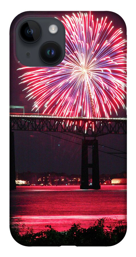 Fireworks iPhone Case featuring the photograph Fireworks over the Newport Bridge by Jim Feldman