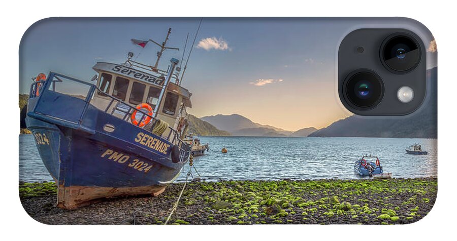 Chile iPhone 14 Case featuring the photograph Fishing boat moored in the Hornopiren fjord at golden hour by Henri Leduc