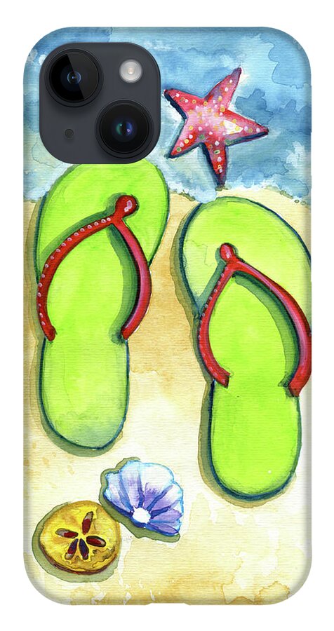 Walking On The Beach iPhone 14 Case featuring the painting Flip Flops on the Beach by Michele Fritz