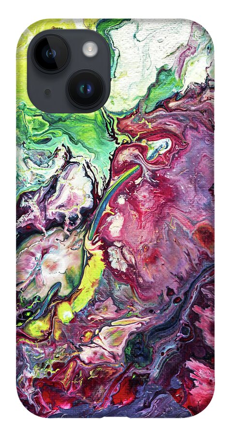 Fluid iPhone 14 Case featuring the painting Fluid Abstract Purple Green by Maria Meester