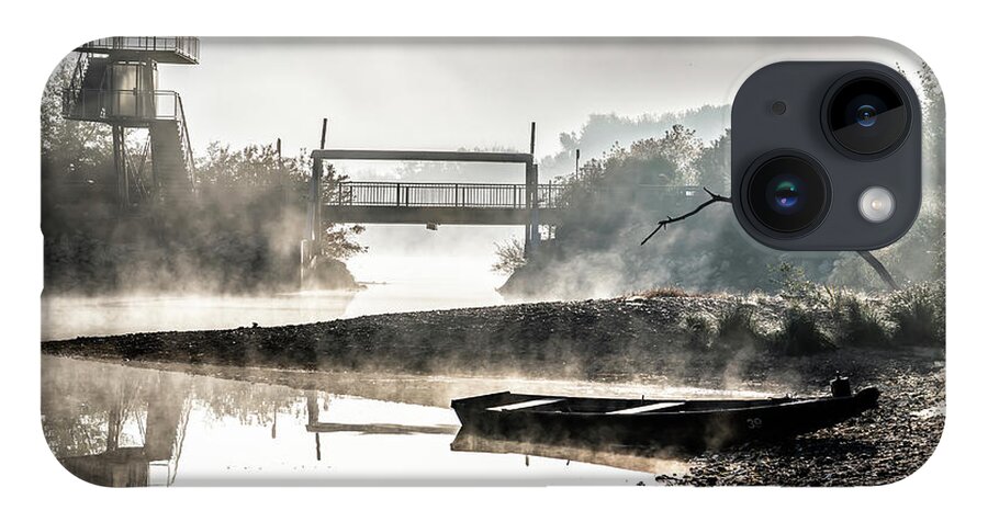 Anchor iPhone 14 Case featuring the photograph Foggy Landscape With Boats On River Bank And Bridge In River Danube National Park In Austria by Andreas Berthold