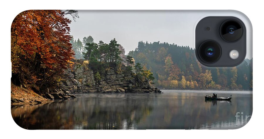 Austria iPhone 14 Case featuring the photograph Foggy Landscape With Fishermans Boat On Calm Lake And Autumnal Forest At Lake Ottenstein In Austria by Andreas Berthold