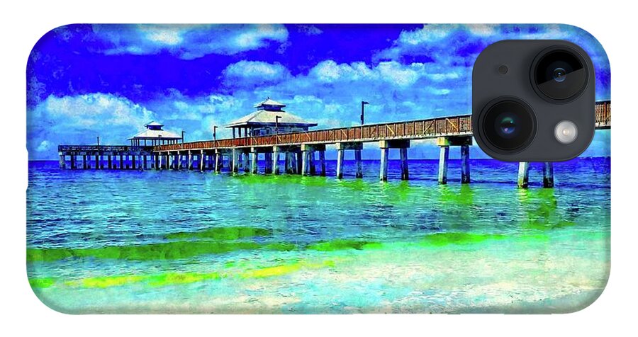 Fort Myers Beach Pier iPhone Case featuring the digital art Fort Myers Beach pier - watercolor ink painting by Nicko Prints