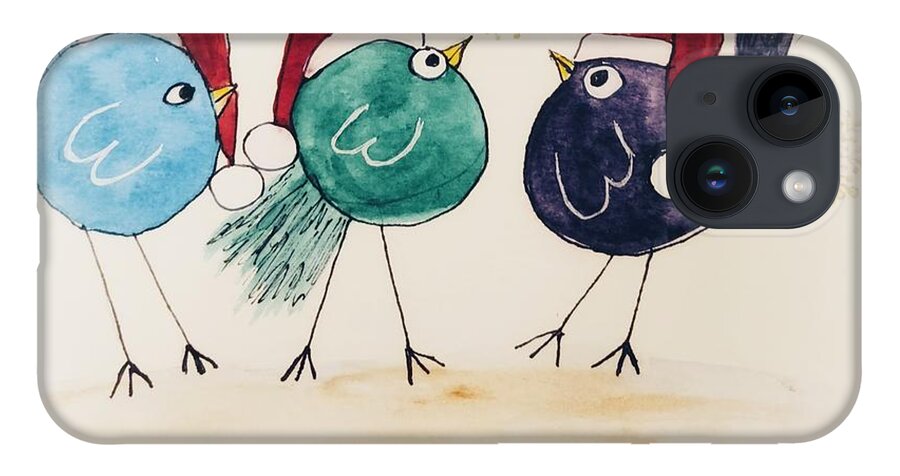 Birds iPhone 14 Case featuring the painting Funny Christmas Birds by Shady Lane Studios-Karen Howard