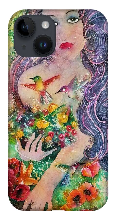 Garden. Goddess iPhone 14 Case featuring the painting Garden Goddess of the Hummingbird by Carol Losinski Naylor
