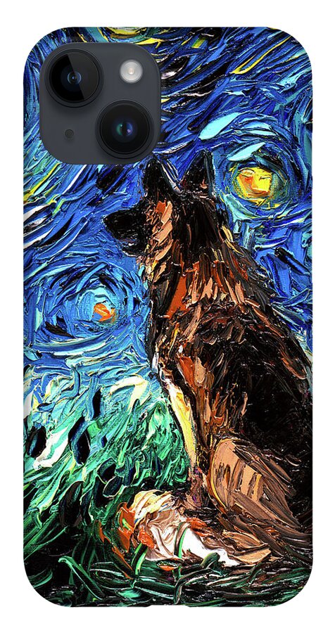 Starry Night Dog iPhone 14 Case featuring the painting German Shepherd Night by Aja Trier