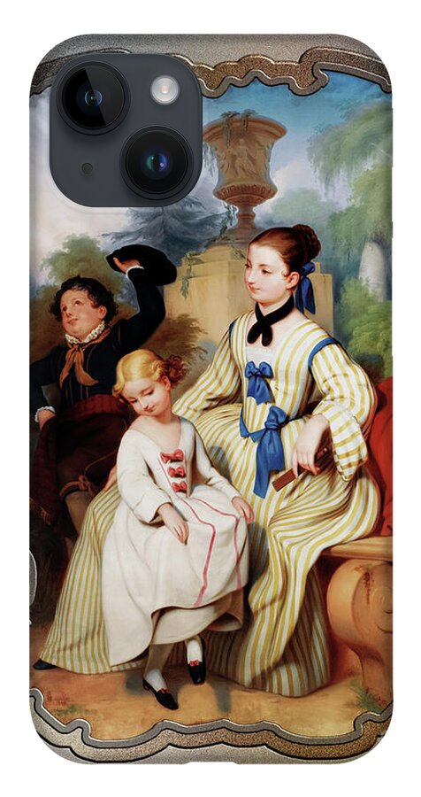 Girl iPhone Case featuring the painting Girl With A Fan And Two Children In Elegant Dress Remastered Retro Art Xzendor7 Reproductions by Rolando Burbon