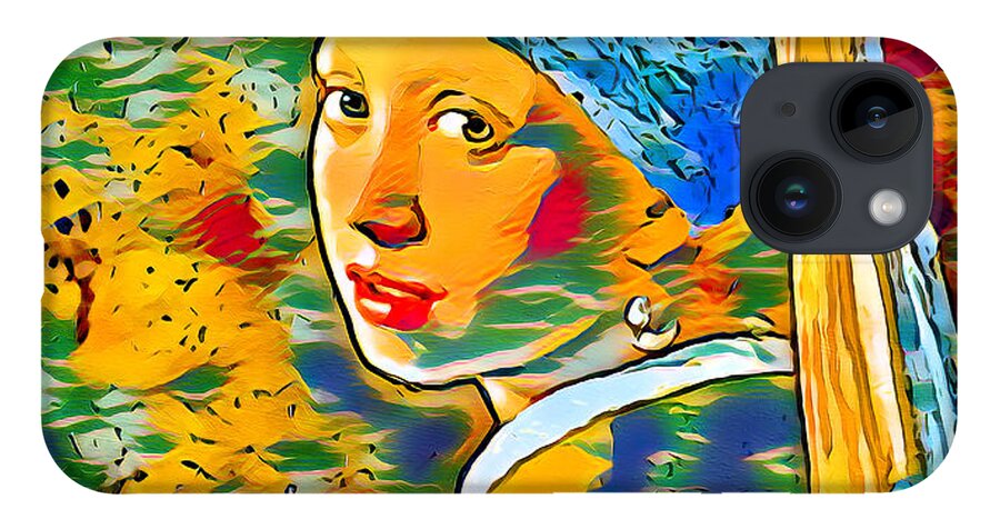 Girl With A Pearl Earring iPhone Case featuring the digital art Girl with a Pearl Earring by Johannes Vermeer - dark blue, orange, and green, colorful recreation by Nicko Prints