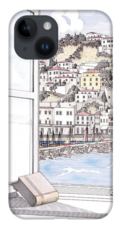 Vintage iPhone Case featuring the drawing Window to Hydra by Panagiotis Mastrantonis