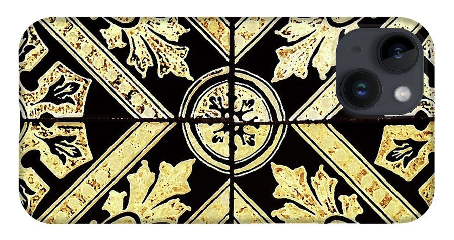 Gold Tiles iPhone 14 Case featuring the digital art Gold On Black Tiles Mosaic Design Decorative Art IV by Irina Sztukowski