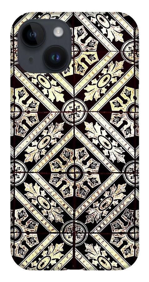 Gold Tiles iPhone 14 Case featuring the digital art Gold On Black Tiles Mosaic Design Decorative Art VI by Irina Sztukowski