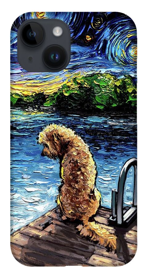 Golden Doodle iPhone 14 Case featuring the painting Golden Doodle Night 3 by Aja Trier
