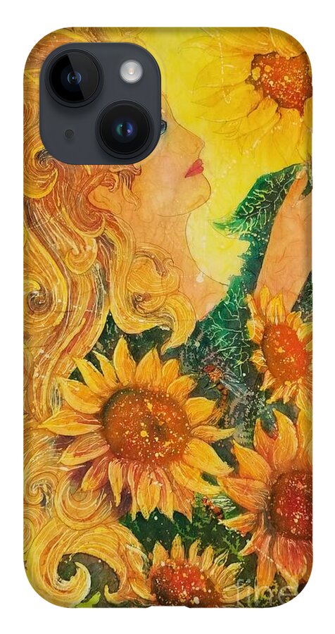 Sunflowers iPhone 14 Case featuring the painting Golden Garden Goddess by Carol Losinski Naylor