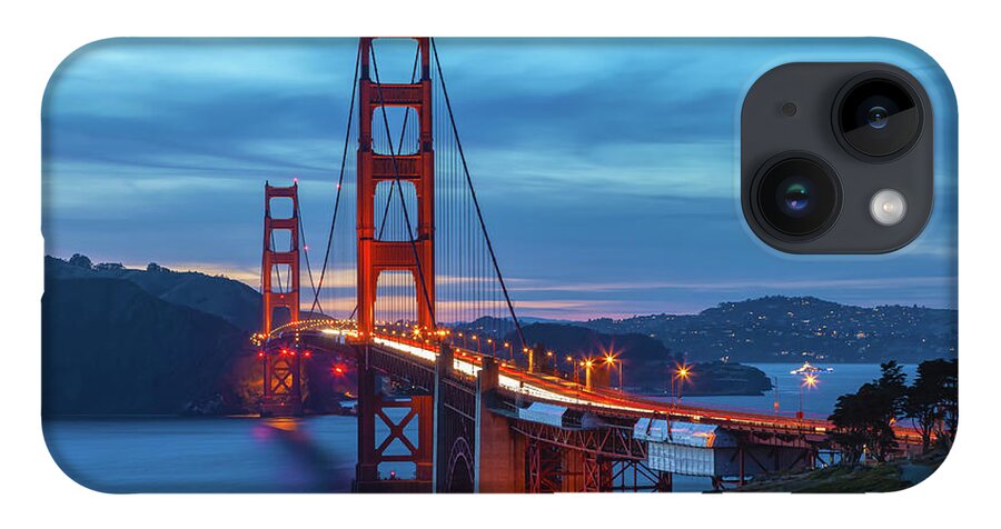 Shoreline iPhone 14 Case featuring the photograph Golden Gate At Nightfall by Jonathan Nguyen