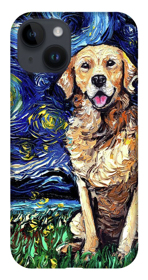 Golden Retriever iPhone 14 Case featuring the painting Golden Retriever Night by Aja Trier