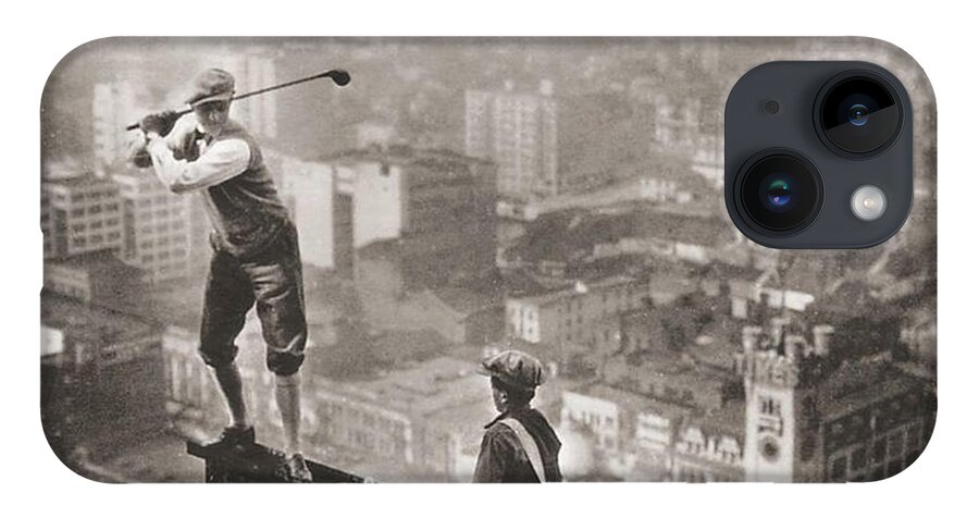 Golf iPhone 14 Case featuring the painting Golfer On Girder Over New York Sepia by Tony Rubino