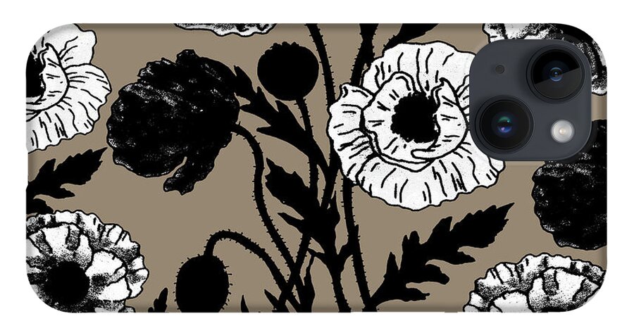Poppies iPhone 14 Case featuring the painting Gorgeous Black And White Ink Poppies On Vintage Retro Beige Botanical Pattern Flowers by Irina Sztukowski