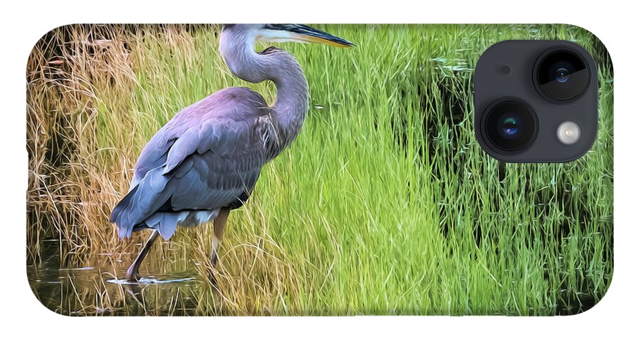 Great Blue Heron iPhone 14 Case featuring the photograph Great Blue in Grass by Ginger Stein