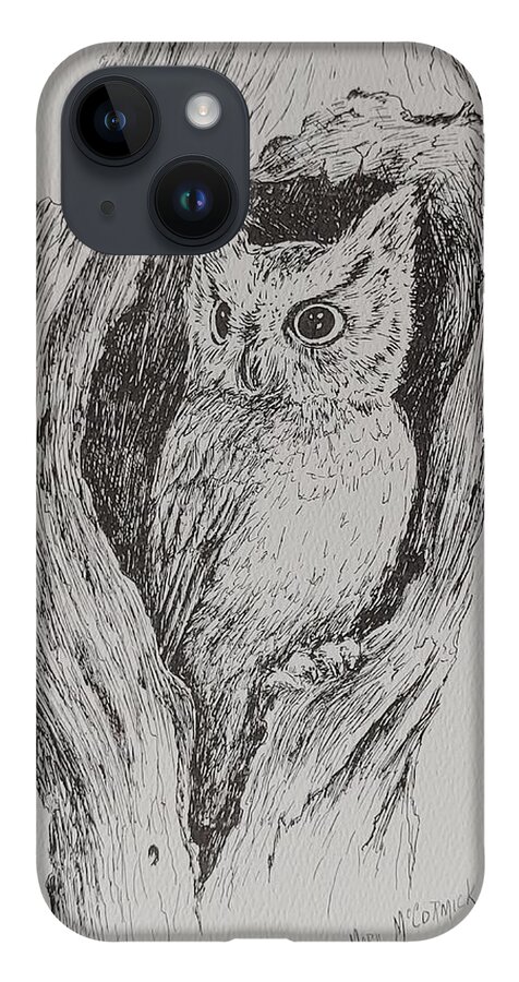 Owl iPhone 14 Case featuring the drawing Great Horned Owl by ML McCormick