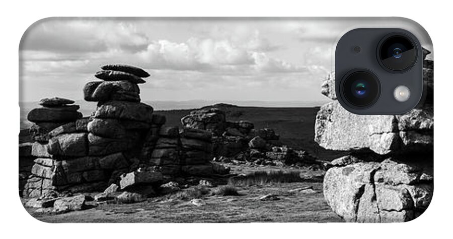 Devon iPhone Case featuring the photograph Great Staple Tor Dartmoor National Park England Panorama Black And White by Sonny Ryse