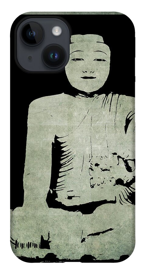 Green Tranquil Buddha iPhone 14 Case featuring the mixed media Green Tranquil Buddha by Kandy Hurley